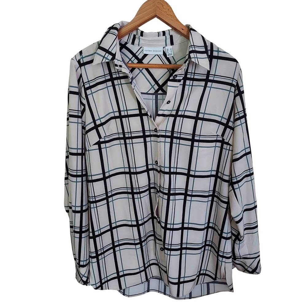Susan Graver Plaid Button Down Shirt Ivory Cream Black Teal S Office Career